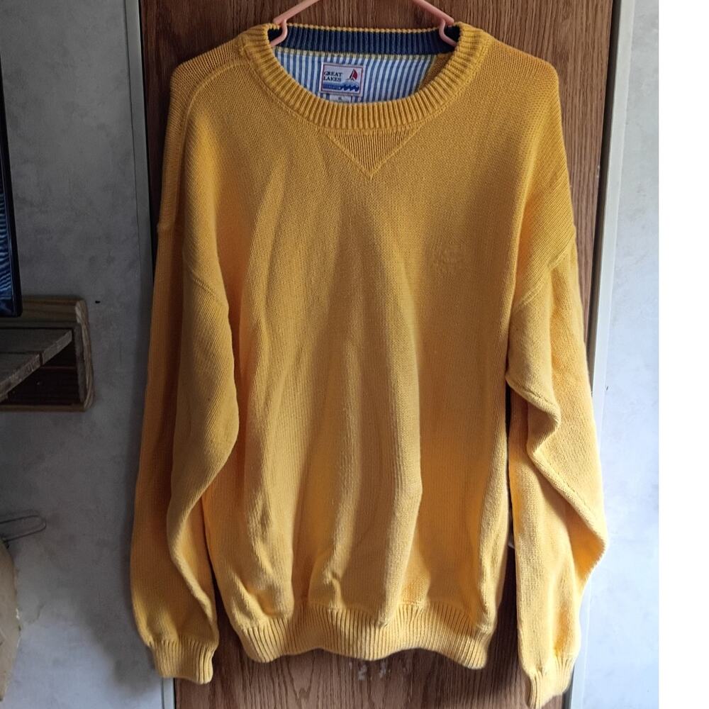 Vintage 90s Mustard Cotton Crew Neck Sweater XL Grandpa Core Sailing Preppy